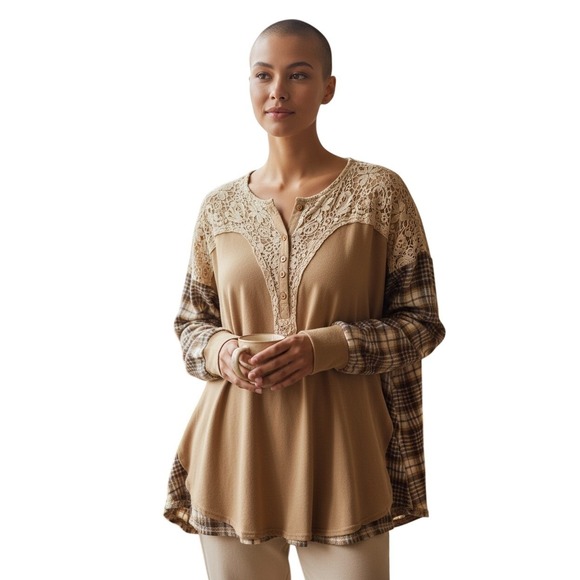 Three Bird Nest Tops - Three Bird Nest Mixed Media Henley Top Tan Plaid Floral Boho Long Sleeve Medium